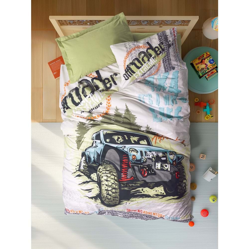 Cotton Box Junior Tek Kişilik Lastikli Çarşaflı Nevresim Takımı Adventure Yeşil