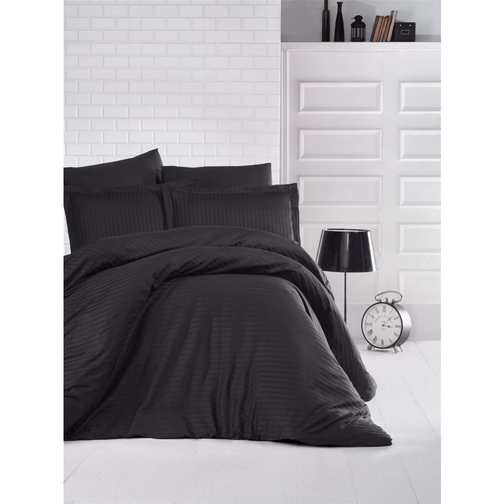 Clasy Çift Kişilik Çizgili Saten Nevresim Takımı Düz Renk V1 Siyah