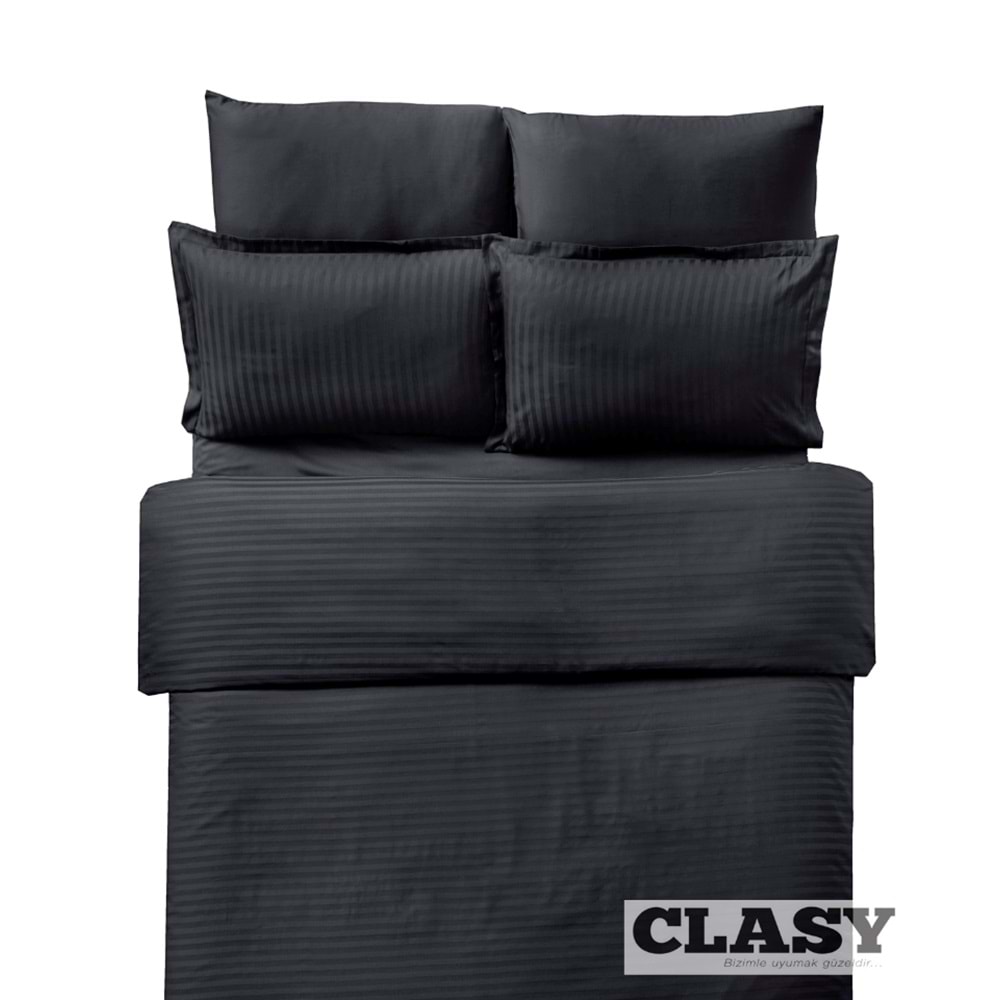 Clasy Çift Kişilik Çizgili Saten Nevresim Takımı Düz Renk V1 Siyah