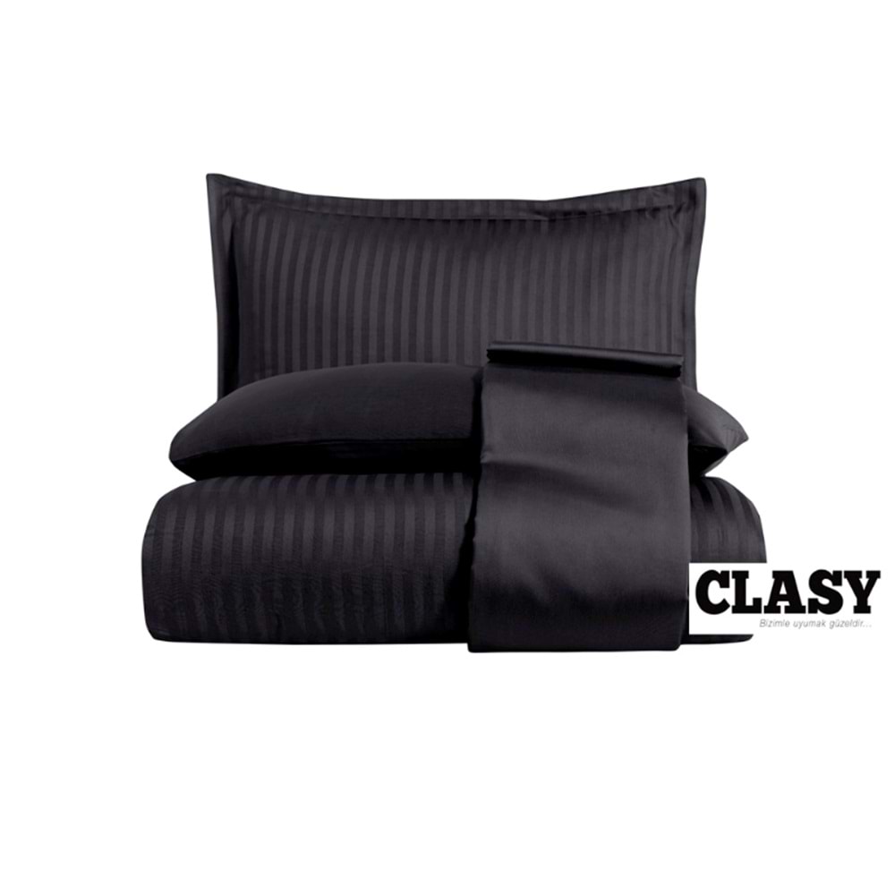 Clasy Çift Kişilik Çizgili Saten Nevresim Takımı Düz Renk V1 Siyah