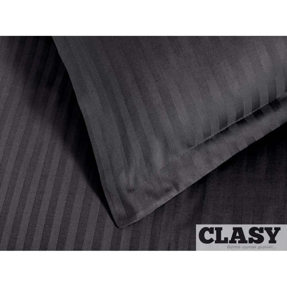 Clasy Çift Kişilik Çizgili Saten Nevresim Takımı Düz Renk V1 Siyah