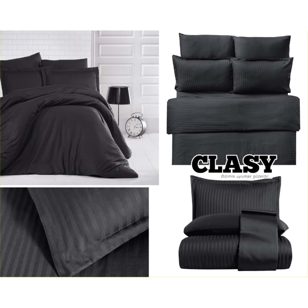 Clasy Çift Kişilik Çizgili Saten Nevresim Takımı Düz Renk V1 Siyah