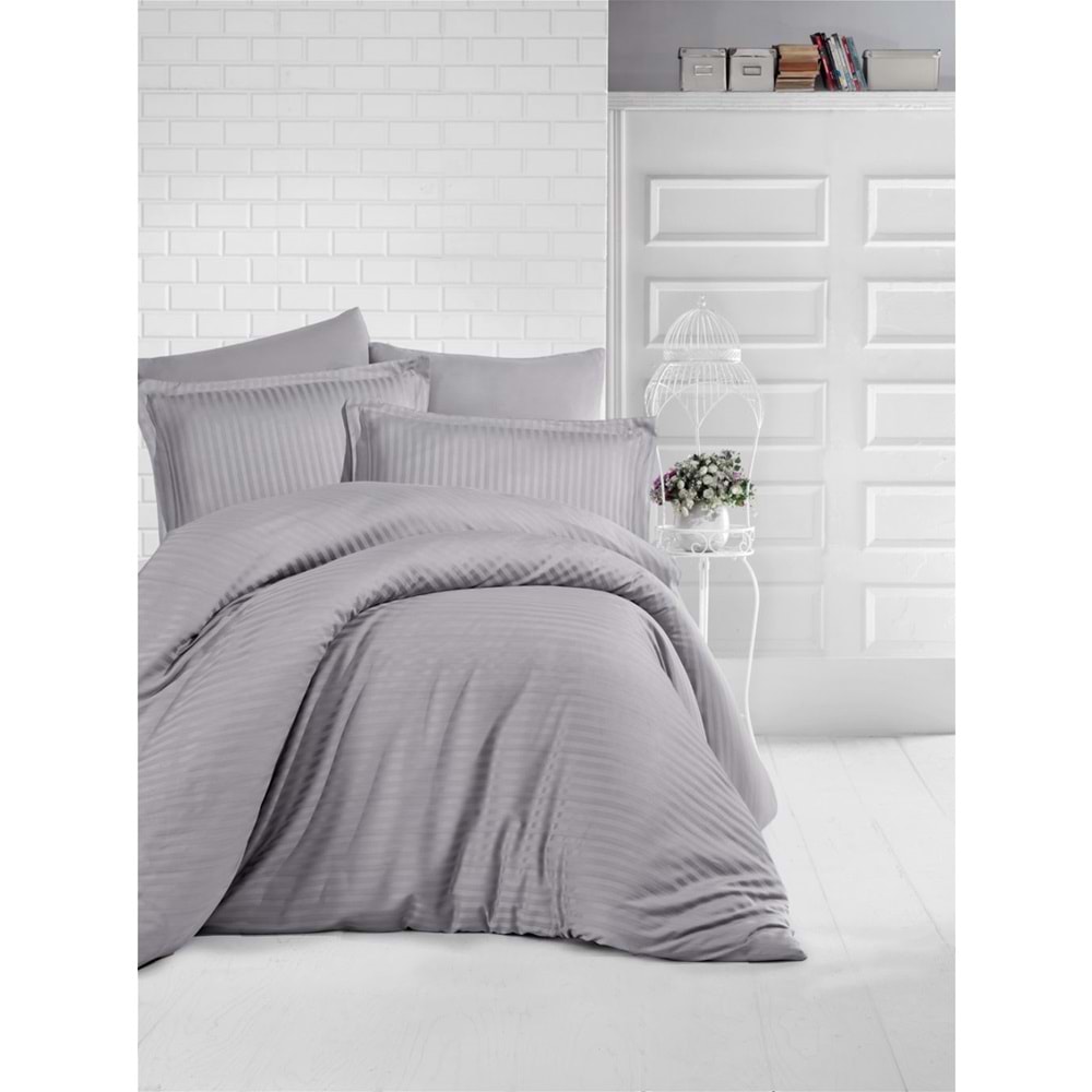 Clasy Çift Kişilik Çizgili Saten Nevresim Takımı Düz Renk V4 Gri