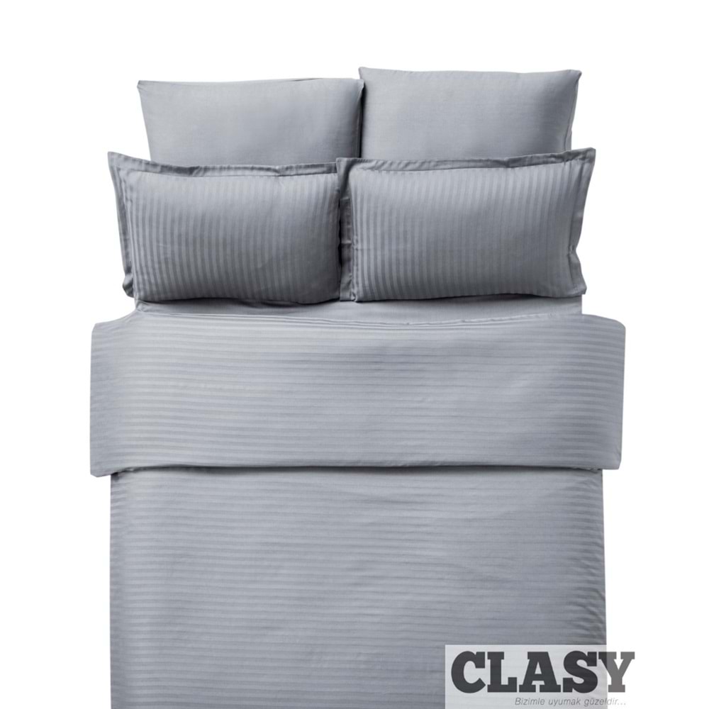 Clasy Çift Kişilik Çizgili Saten Nevresim Takımı Düz Renk V4 Gri