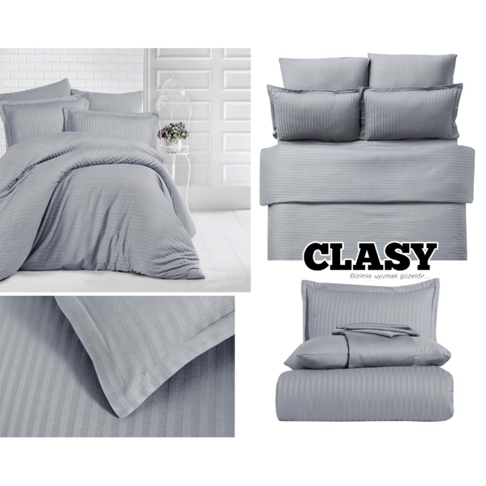 Clasy Çift Kişilik Çizgili Saten Nevresim Takımı Düz Renk V4 Gri
