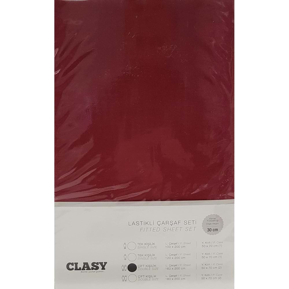 Clasy Çift Kişilik Lastikli Çarşaf Yastık Kılıfı Ranforce V3 Bordo 160x200