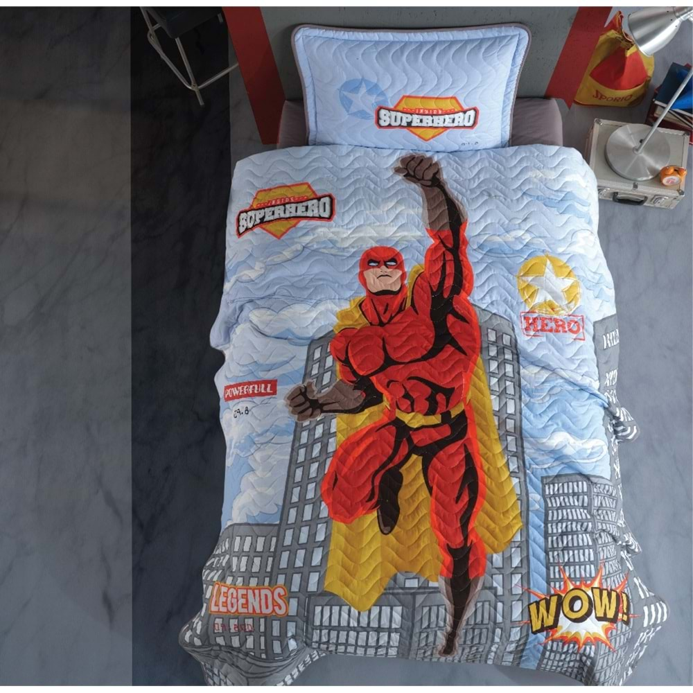 Clasy Tek Kişilik Genç Yatak Örtüsü Superhero Gri