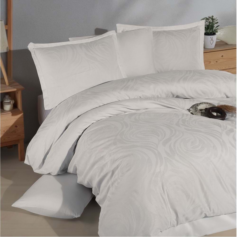 Clasy Jakarlı Pamuk Saten Çift Kişilik Nevresim Takımı Tarva Ekru