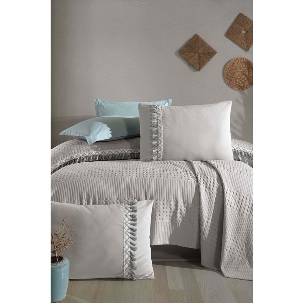 Clasy Butik Tek Kişilik Püsküllü Pike Takımı Bohamline Açık Gri