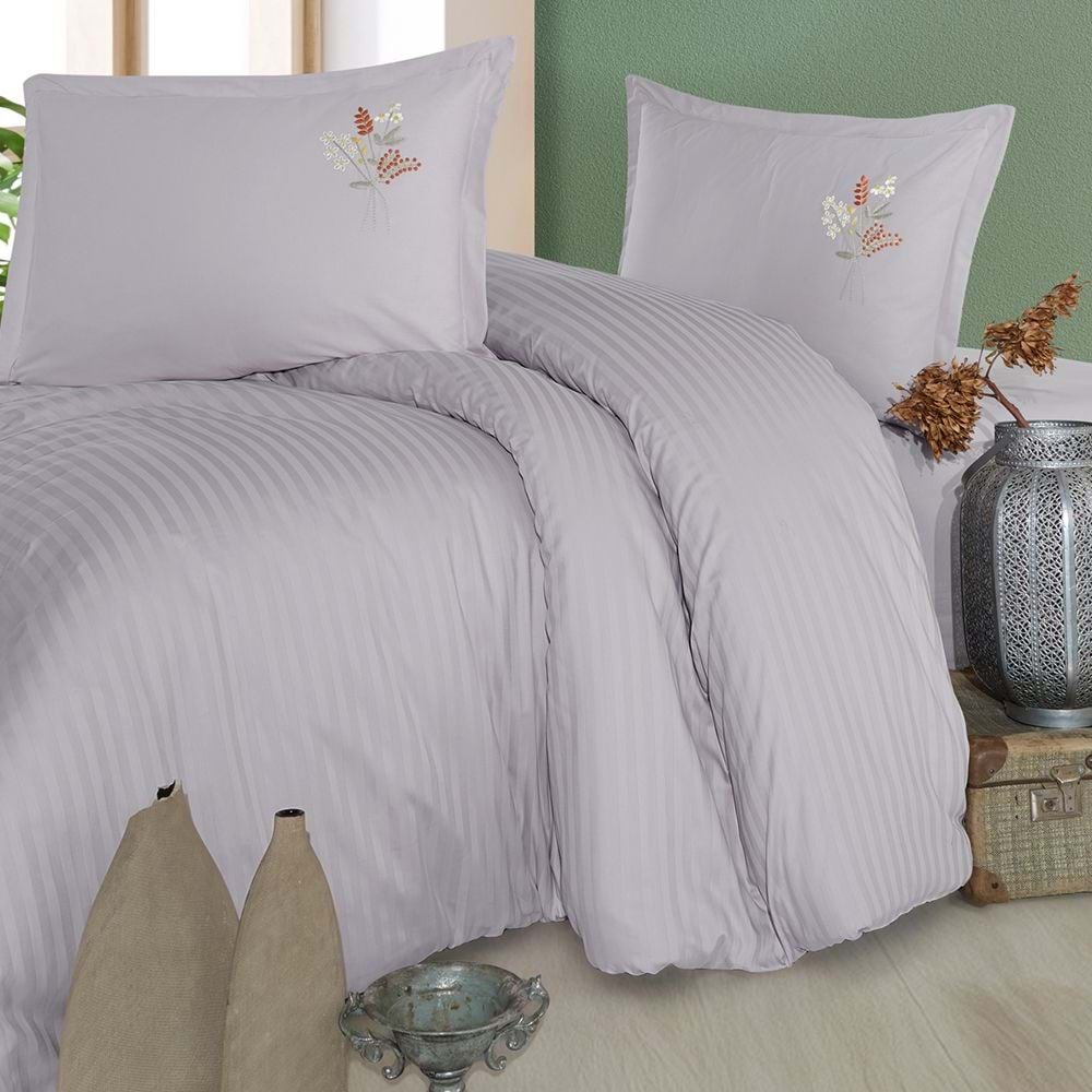 Clasy Çizgili Ranforce Nevresim Takımı Çift Kişilik Panna Gri