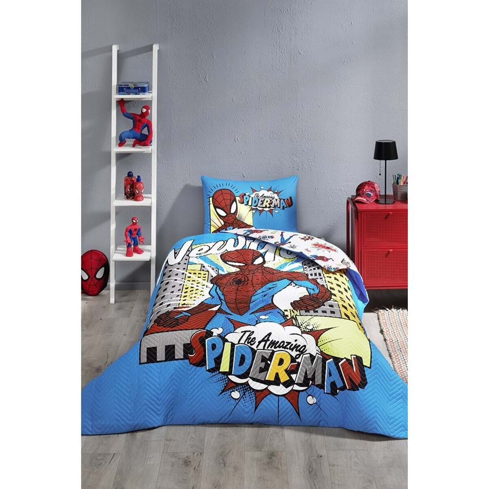 Özdilek Spiderman Newyork Tek Kişilik Disney Lisanslı Lastikli Fitted Çarşaf Kapitone Çocuk Nevresim Mavi