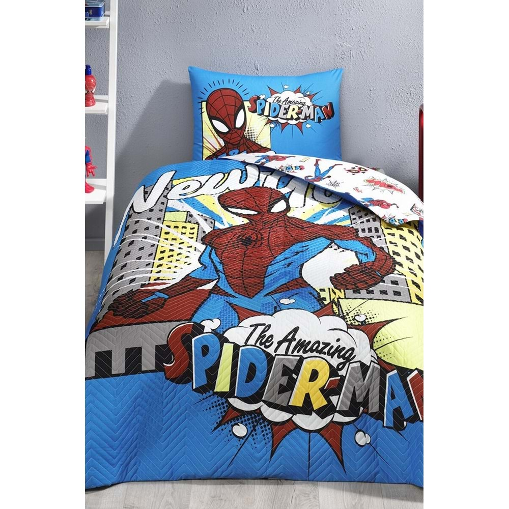 Özdilek Spiderman Newyork Tek Kişilik Disney Lisanslı Lastikli Fitted Çarşaf Kapitone Çocuk Nevresim Mavi