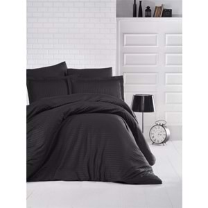 Clasy Çift Kişilik Çizgili Saten Nevresim Takımı Düz Renk V1 Siyah