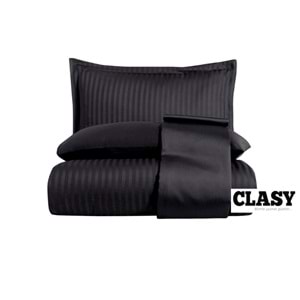 Clasy Çift Kişilik Çizgili Saten Nevresim Takımı Düz Renk V1 Siyah