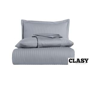 Clasy Çift Kişilik Çizgili Saten Nevresim Takımı Düz Renk V4 Gri