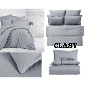 Clasy Çift Kişilik Çizgili Saten Nevresim Takımı Düz Renk V4 Gri