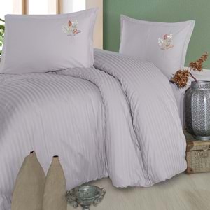 Clasy Çizgili Ranforce Nevresim Takımı Çift Kişilik Panna Gri