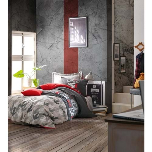 Cotton Box Genç Odası Tek Kişilik Nevresim Takımı Rock Kırmızı Lastikli Çarşaf