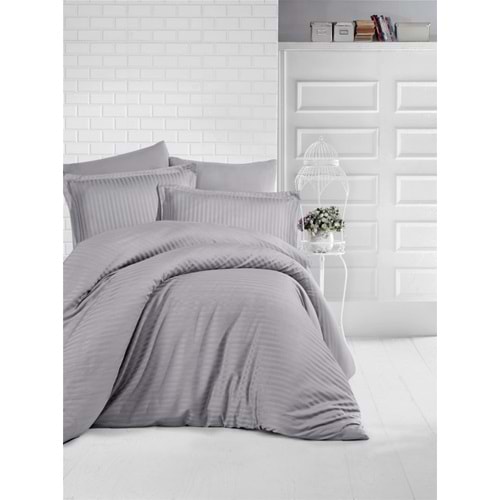 Clasy Çift Kişilik Çizgili Saten Nevresim Takımı Düz Renk V4 Gri