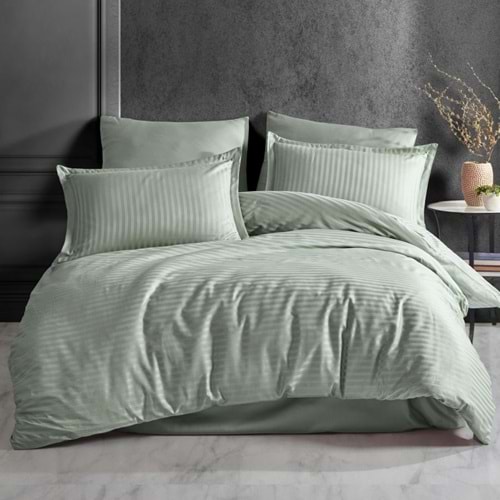 Clasy Çizgili Saten Çift Kişilik Nevresim Takımı Düz Renk Ada Çayı