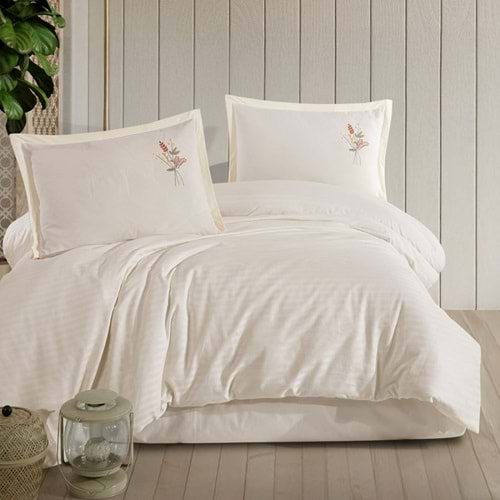 Clasy Çizgili Ranforce Nevresim Takımı Çift Kişilik Panna Ekru