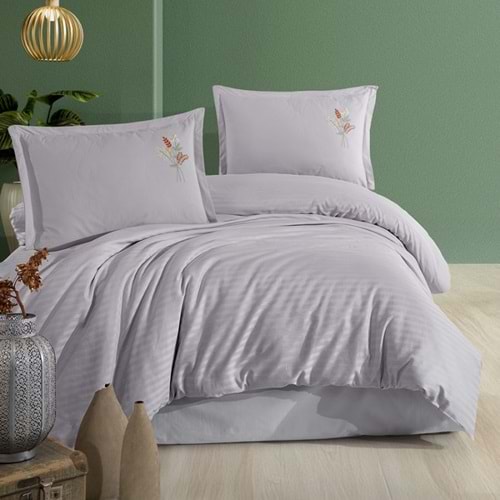 Clasy Çizgili Ranforce Nevresim Takımı Çift Kişilik Panna Gri