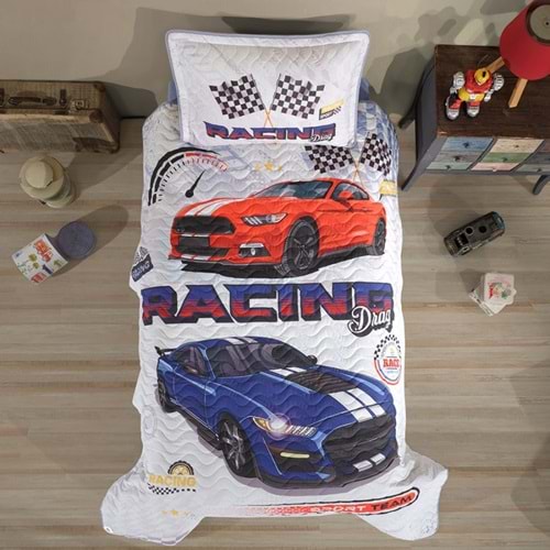 Clasy Ranforce Tek Kişilik Yatak Örtüsü Racing Drag Mavi