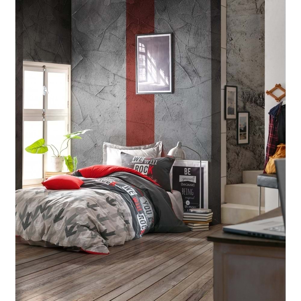 Cotton Box Genç Odası Tek Kişilik Nevresim Takımı Rock Kırmızı Lastikli Çarşaf