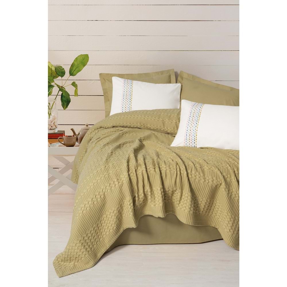 Cotton Box Aura Çift Kişilik Pike Takımı Pebble Pembe Fitted Hardal