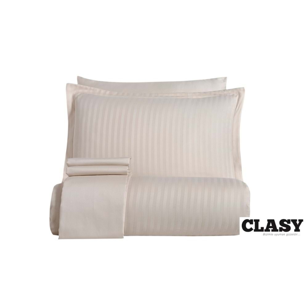 Clasy Çizgili Saten Çift Kişilik Nevresim Takımı Bej