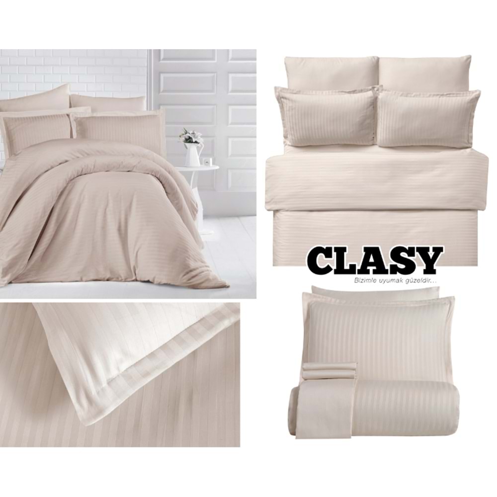 Clasy Çizgili Saten Çift Kişilik Nevresim Takımı Bej