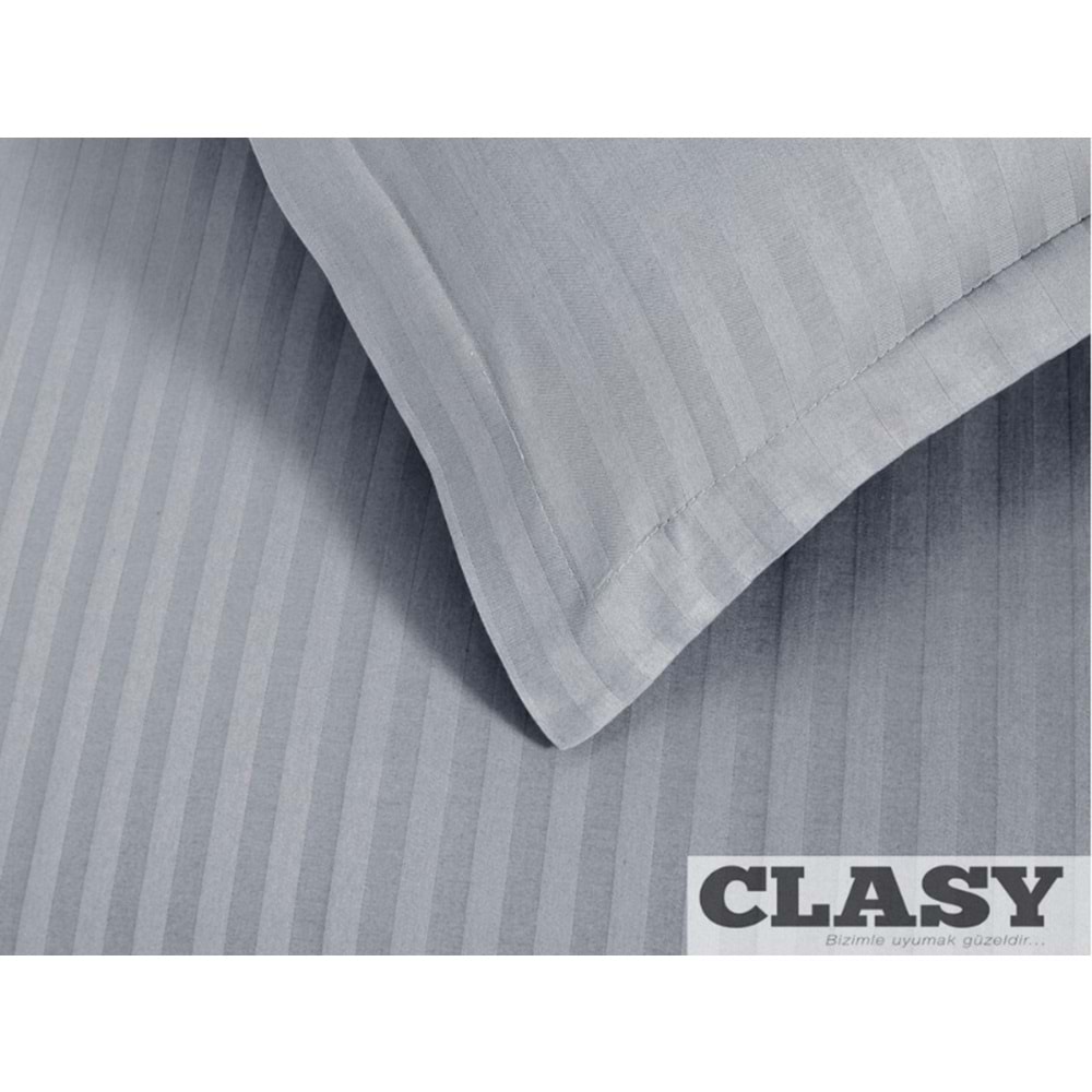 Clasy Çift Kişilik Çizgili Saten Nevresim Takımı Düz Renk V4 Gri