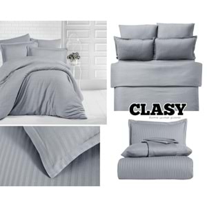 Clasy Çift Kişilik Çizgili Saten Nevresim Takımı Düz Renk V4 Gri