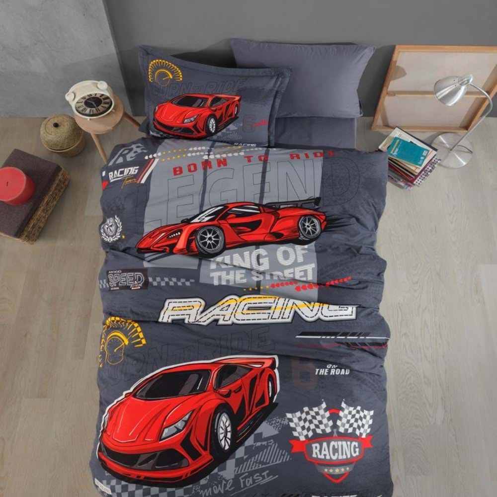 Clasy Tek Kişilik Pamuk Ranforce Nevresim Takımı Racing Team Mavi