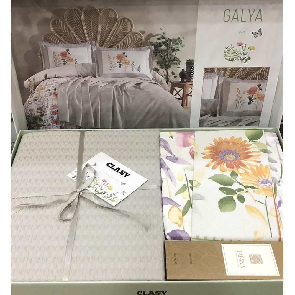 Clasy Çift Kişilik Pike Takımı La Nature Galya Açık Gri Oda Kokusu Hediye