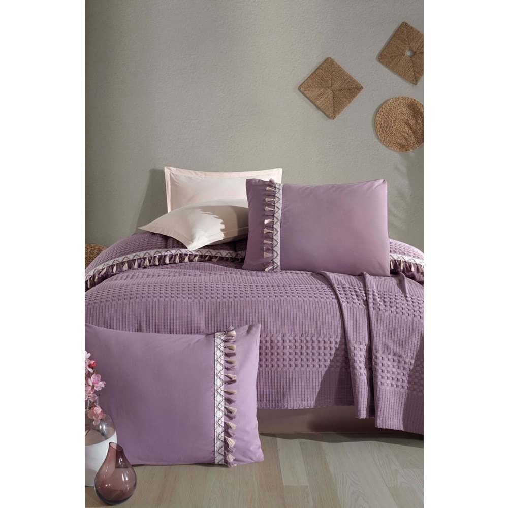 Clasy Butik Tek Kişilik Püsküllü Pike Takımı Bohamline Lila