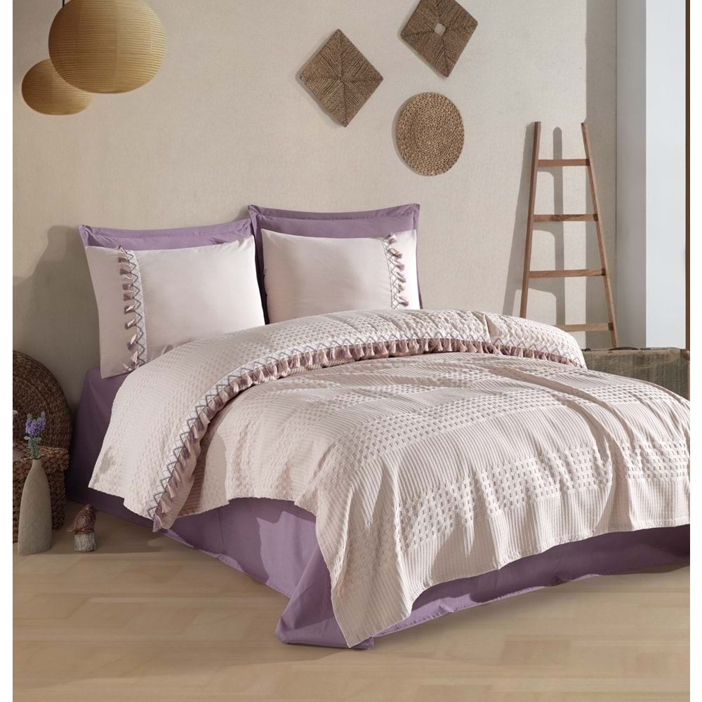 Clasy Butik Tek Kişilik Püsküllü Pike Takımı Bohamline Taş Rengi