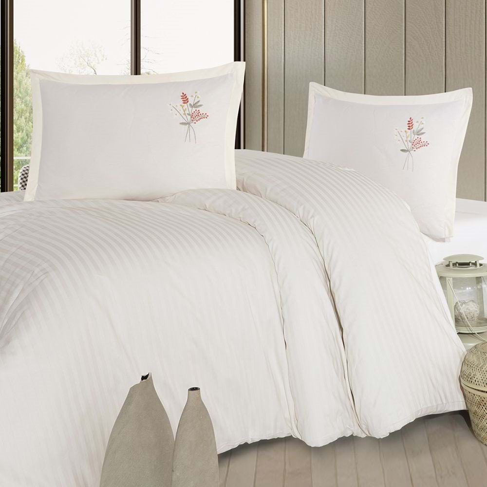 Clasy Çizgili Ranforce Nevresim Takımı Çift Kişilik Panna Ekru