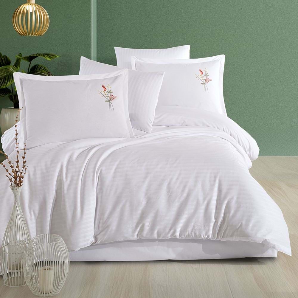 Clasy Çizgili Ranforce Nevresim Takımı Tek Kişilik Panna Beyaz