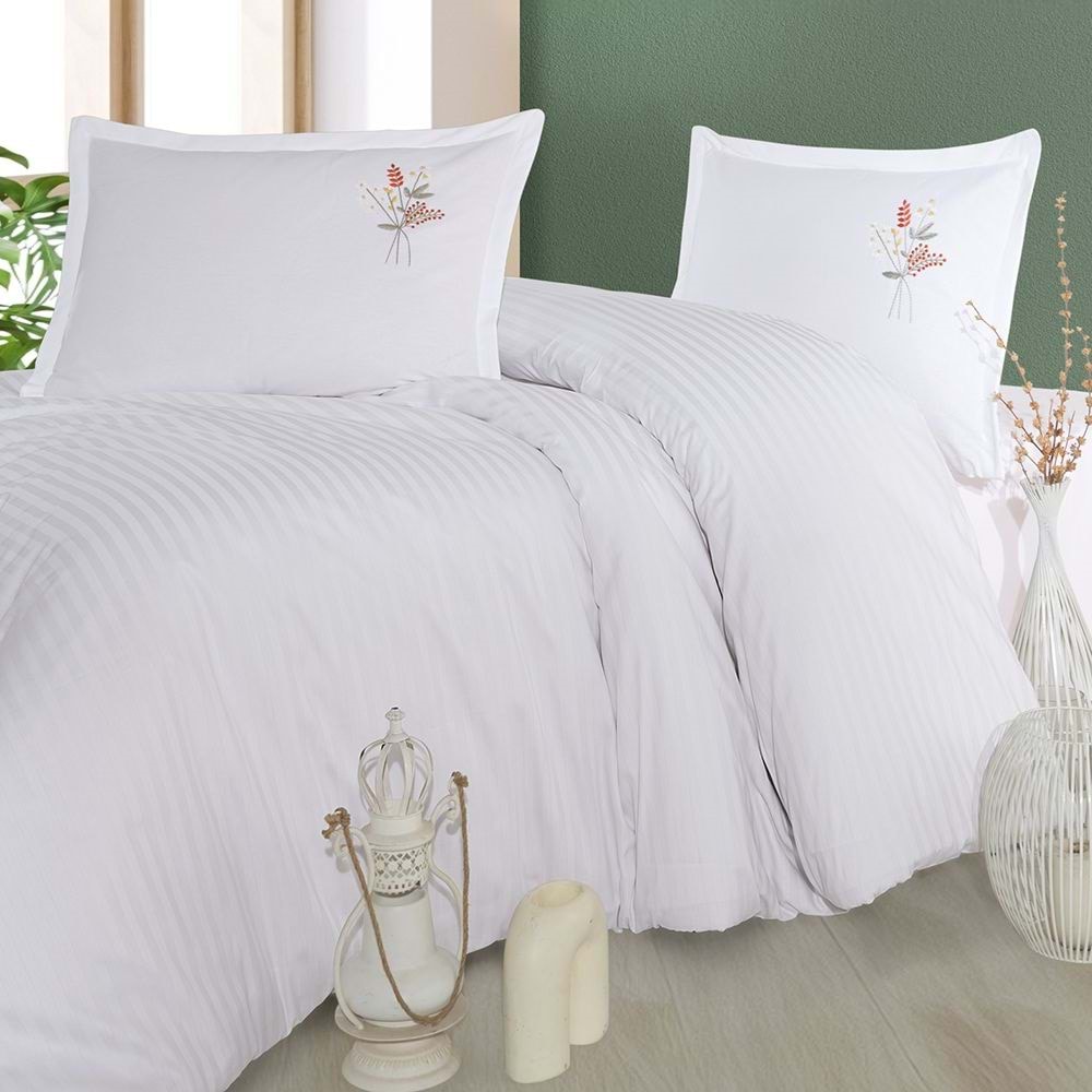 Clasy Çizgili Ranforce Nevresim Takımı Tek Kişilik Panna Beyaz