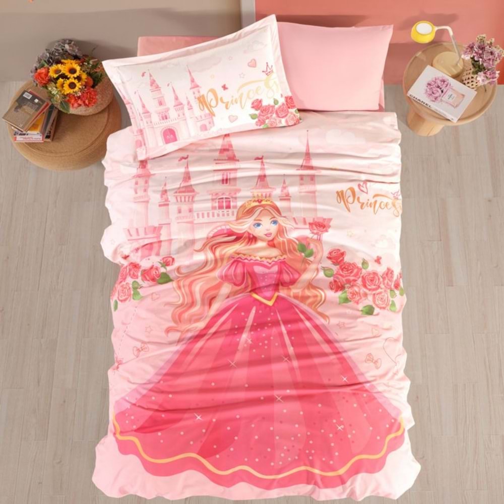 Clasy Ranforce %100 Pamuk Nevresim Takımı Tek Kişilik Princess V1 Pudra