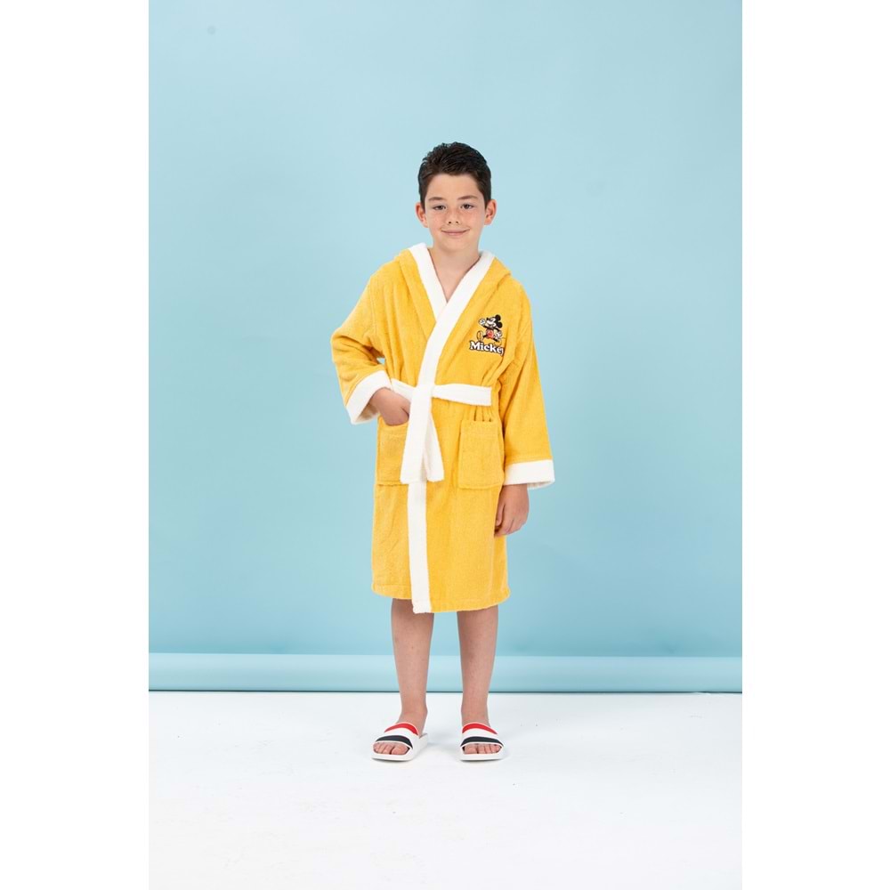 Özdilek Mickey Mouse Happy Nakışlı Disney Lisanslı Kapüşonlu Çocuk Bornozu Sarı 5/6 Yaş