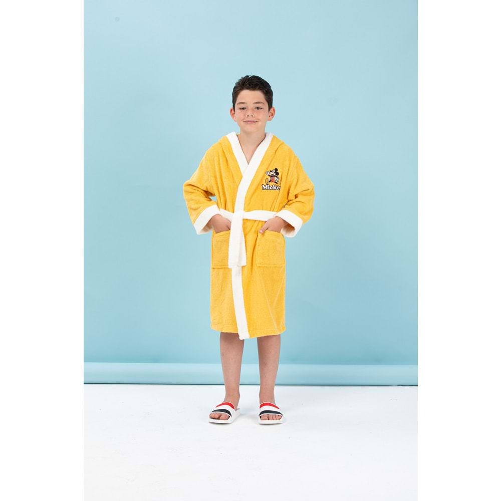 Özdilek Mickey Mouse Happy Nakışlı Disney Lisanslı Kapüşonlu Çocuk Bornozu Sarı 5/6 Yaş