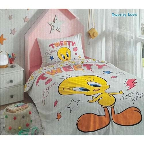 Özdilek Tweety Love Tek Kişilik Lisanslı Nevresim Takımı Ranforce Sarı